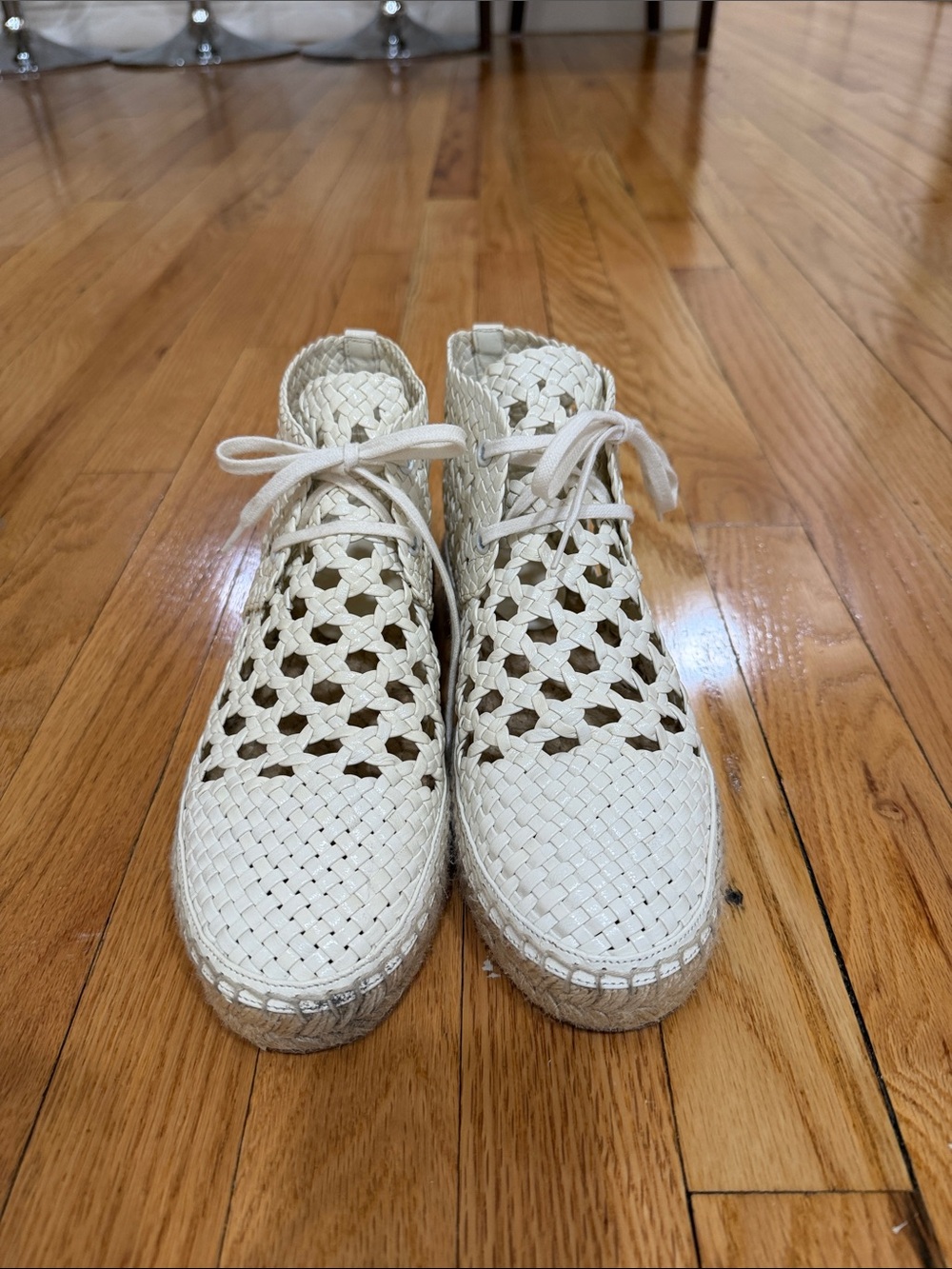 Celine Woven Lace-Up Cream High Top Espadrilles